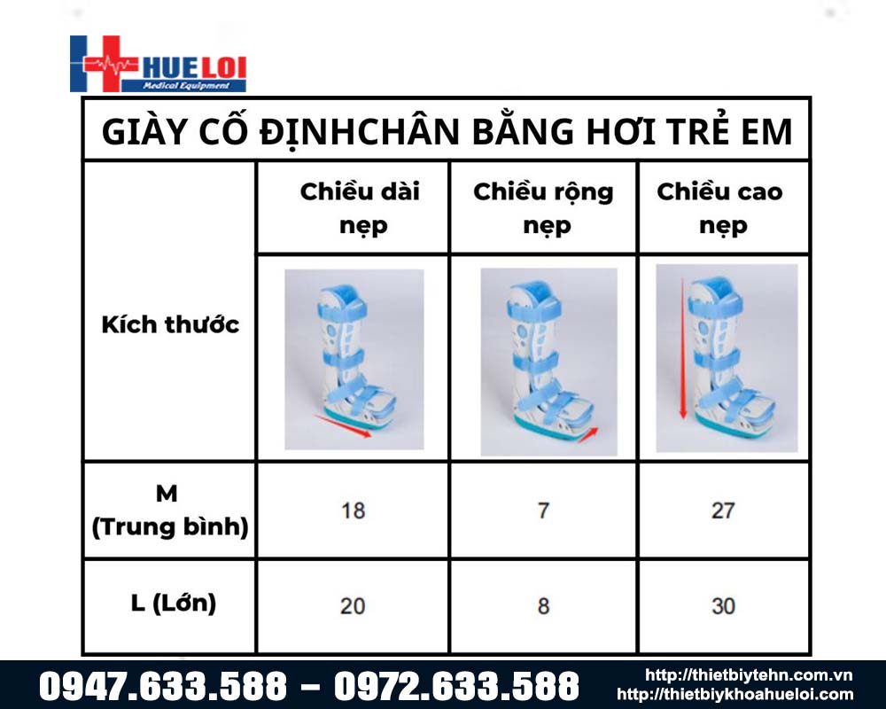 bảng kích thước giày đi bộ không bó bột trẻ em 